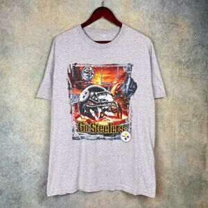 VTG 90s Pittsburgh Steelers Graphic T Shirt Sz L Gray NFL Football Helmet